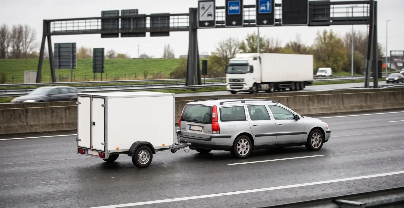 Une voiture tractant une remorque roule de manière stable sur la voie de droite d'une autoroute belge.