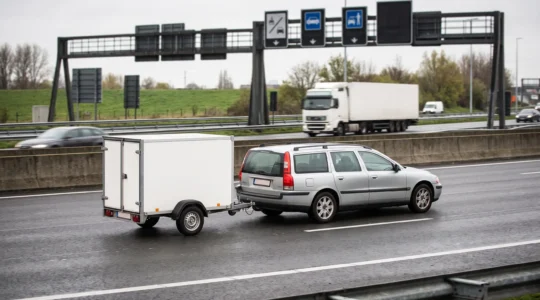 Une voiture tractant une remorque roule de manière stable sur la voie de droite d'une autoroute belge.